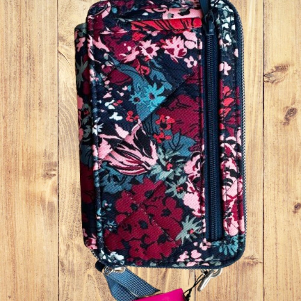 Vera Bradley Iconic RFID 3 in One Crossbody Wallet-Cabbage Rose Cabernet - Picture 2 of 5